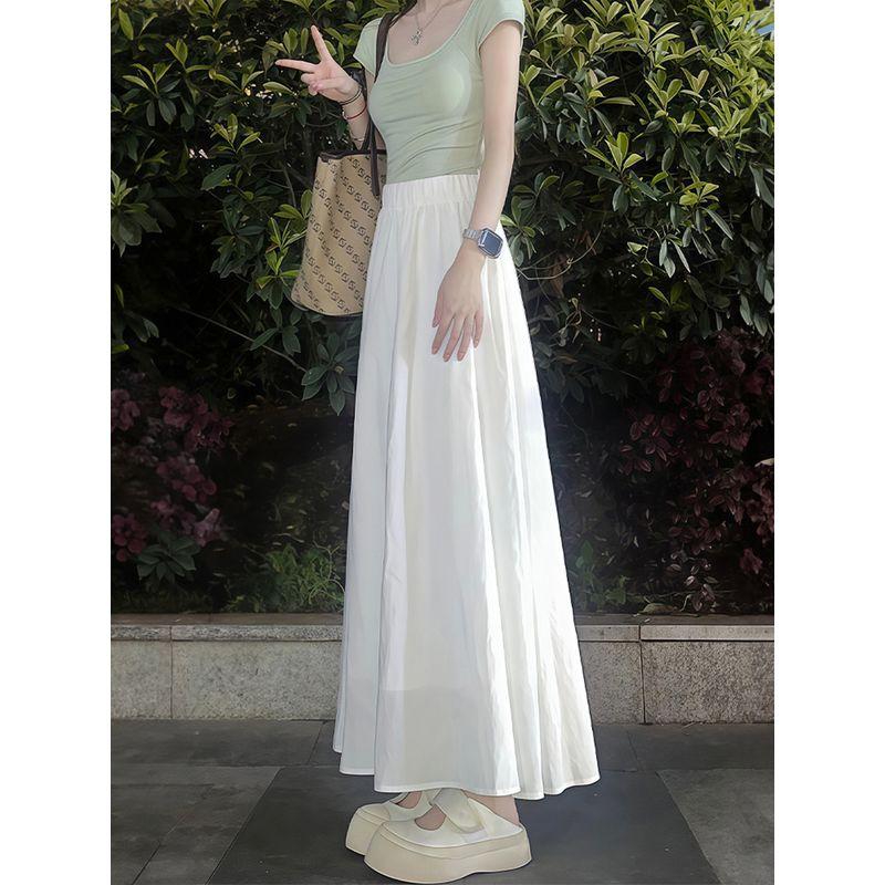 White Summer Skirt for Women, New Style for Plus-Size Girls, Pear-Shaped Body, High-Waisted, Loose Fit, Slimming, Drapey A-Line Long Skirt