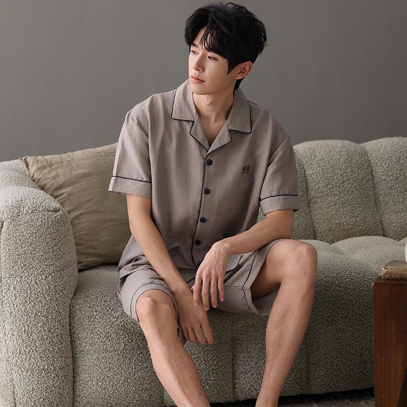 

Новый летний тонкий хлопковый мужской пижамный комплект с коротким рукавом, кардиган, однотонная мужская пижама, домашняя одежда, топы и шорты, комплект из 2 предметов для сна XXXL