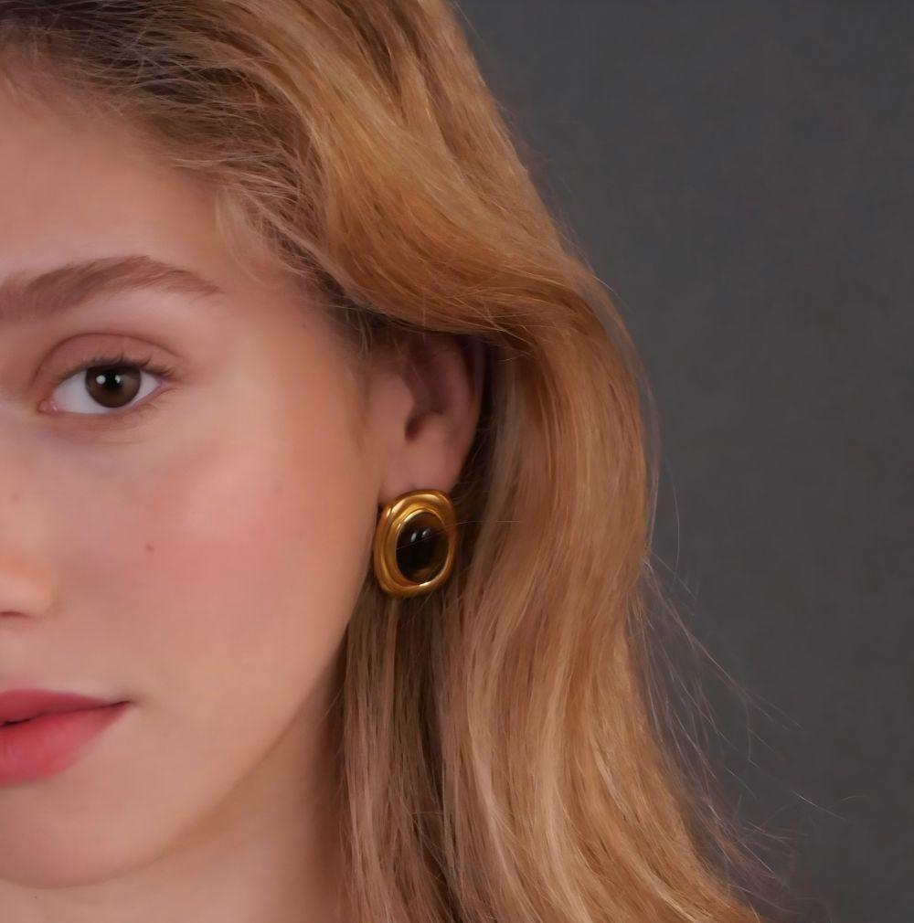Nouveaux Produits Déclaration Pierre Naturelle Boucles d'Oreilles Œil de Tigre Imperméables Acier Inoxydable Plaqué Or Boucles d'Oreilles Clous Perle pour Femmes