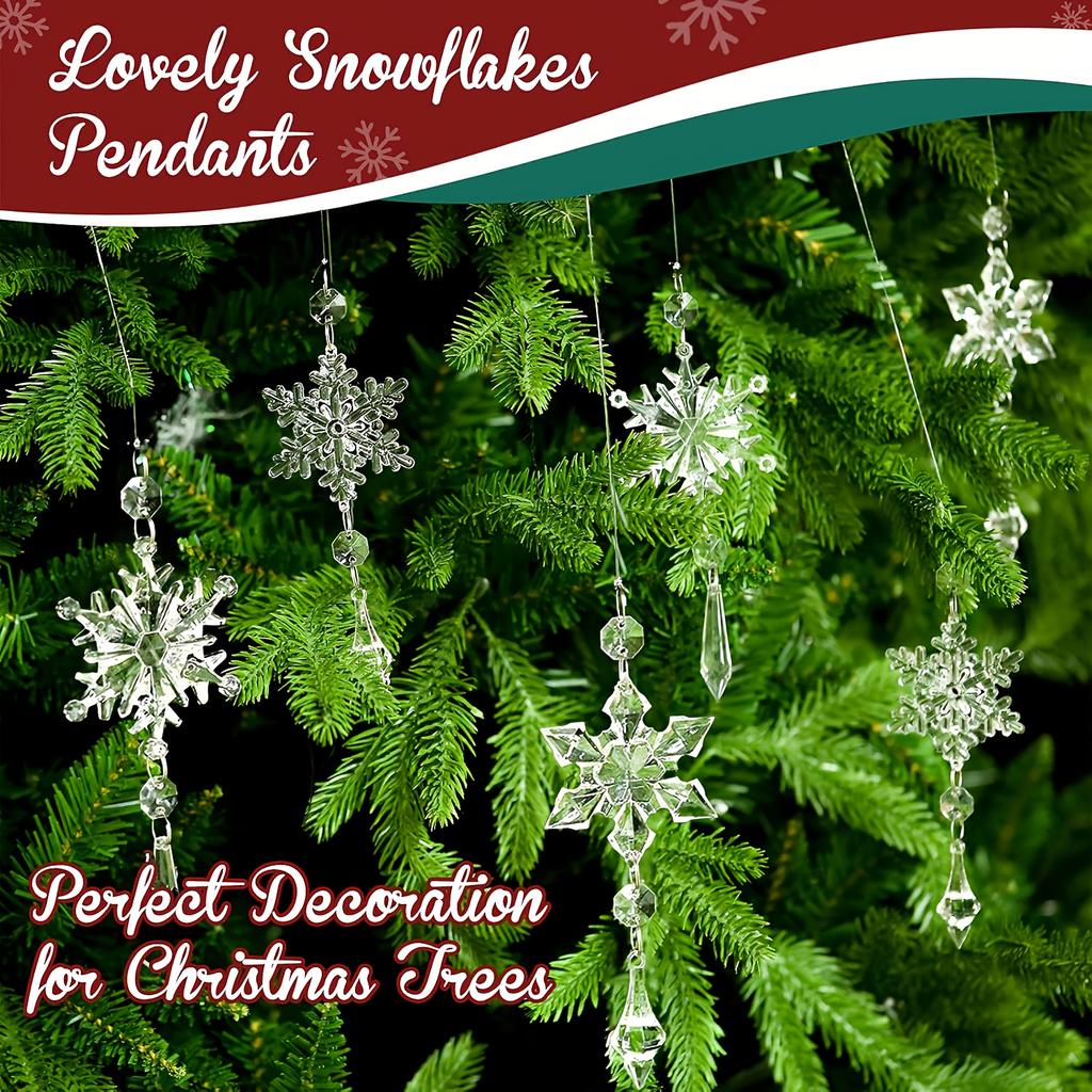 15pcs Elegant Crystal Snowflake Ornaments with 393.7inch Long Silvery Rope, Christmas Tree Acrylic Snowflake Winter Wonderland Decorations, Sparkling