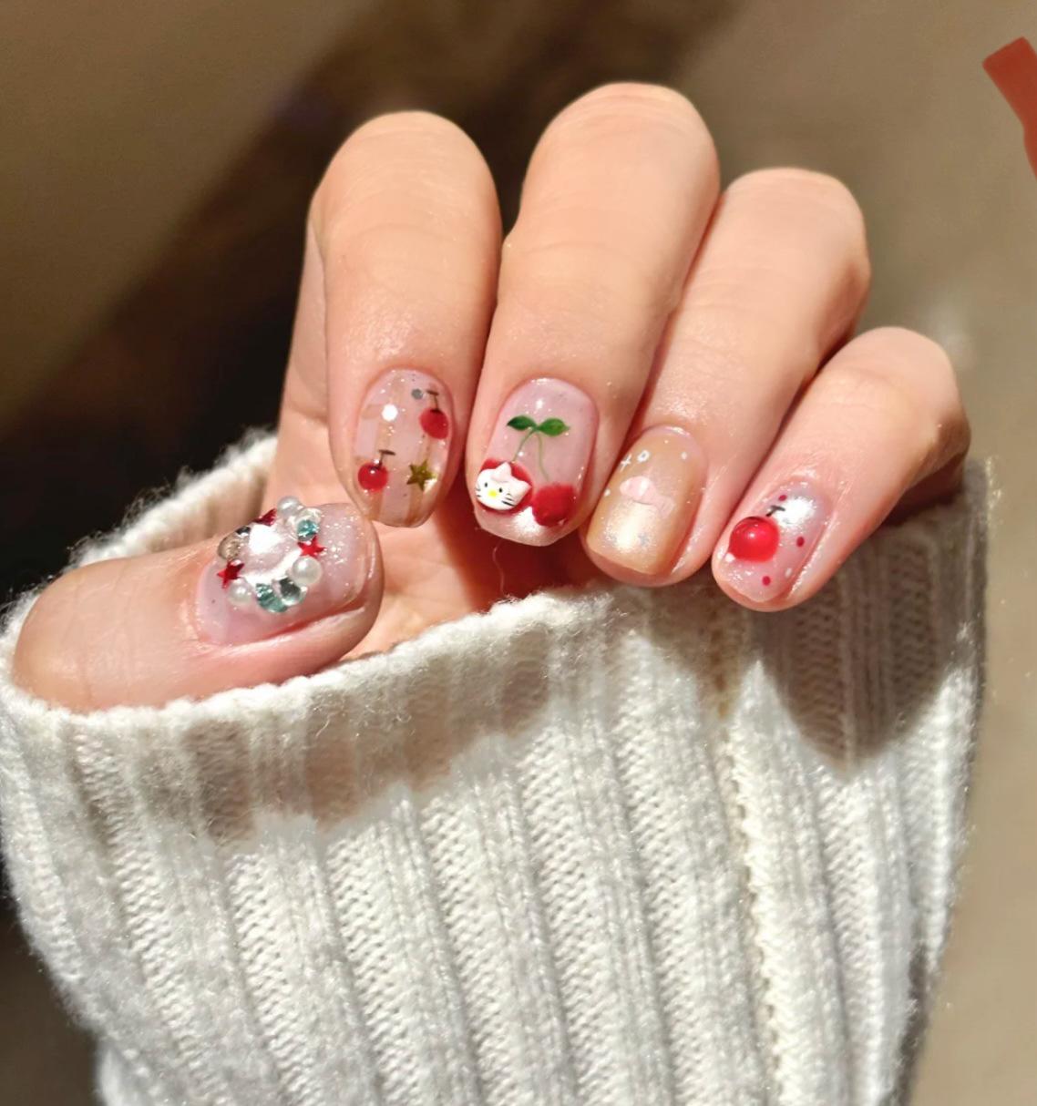

Cherry Blossom Cat Eye 3D Nail Art with Fish Cartoon and Bling