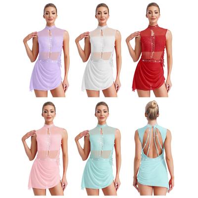 Women Figure Skating Ballet Dance Dresses Sleeveless Backless Sheer Mesh Overlay Shiny Rhinestones Asymmetrical Dress Dancewear