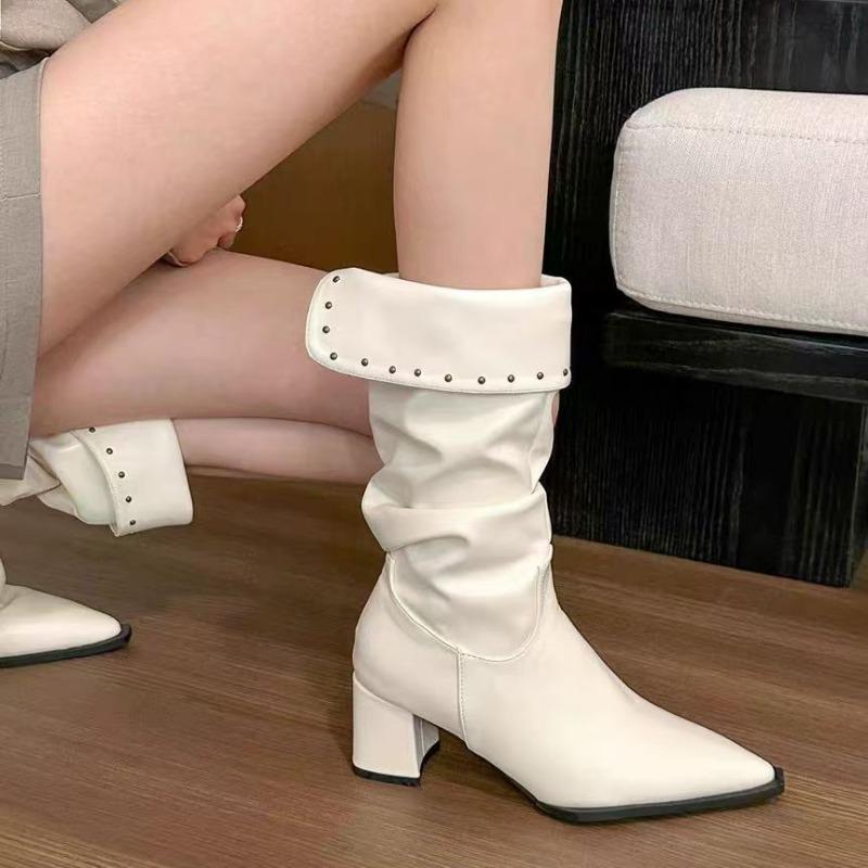 Turned Over Edge Pointed Toe Modern Boots Mid-calf Square Heel Ladies Shoes on Sale 2024 High Quality Slip-on Mid Heel Boots