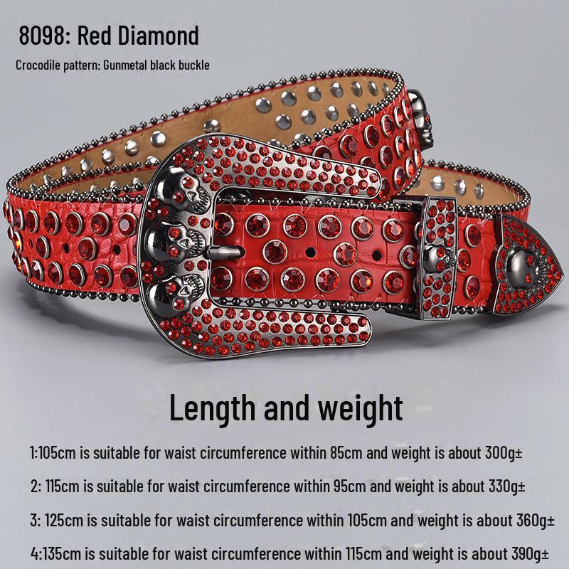 Curea de lux cu cataramă cu strasuri și craniu închis la culoare, cu paiete și diamante