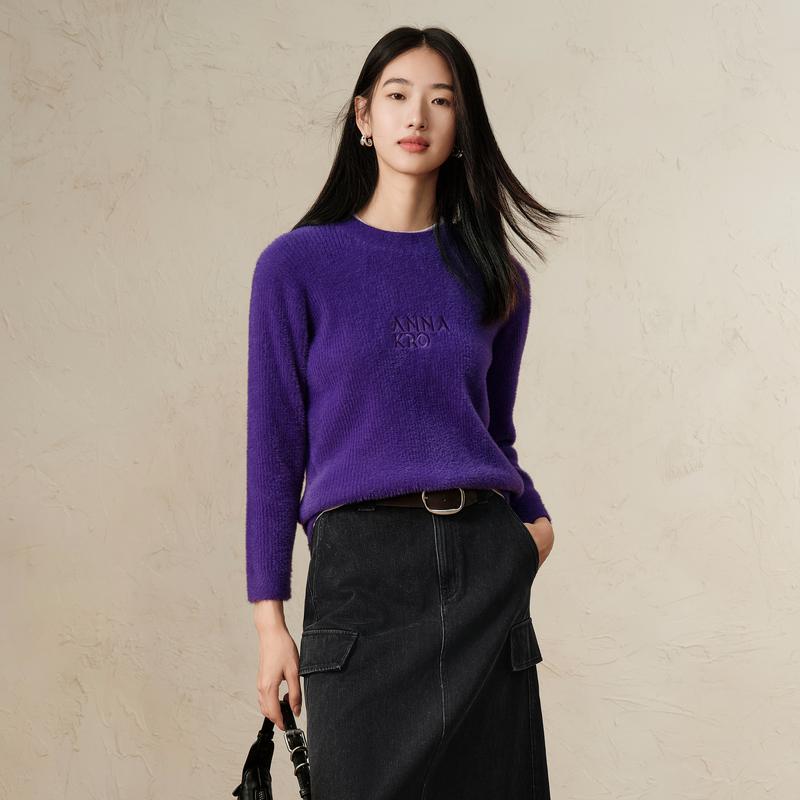 Jiuzi Anna Kou Simple Two Tone Thick Round Neck Knitted Loose Knitted Sweater for Women's 2024 Autumn New Collection