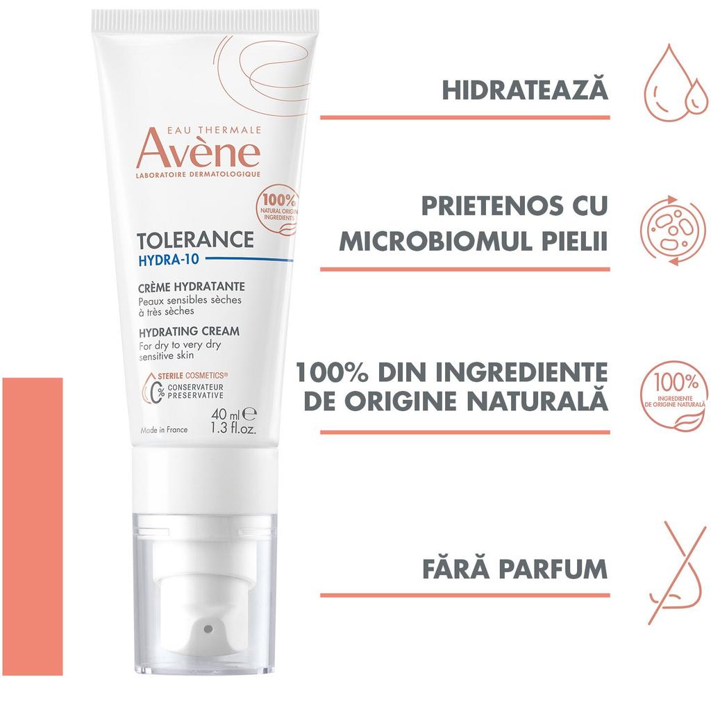 Avene Tolerance Hydra-10 Feuchtigkeitscreme, 40 ml, Beruhigend & Reparierend, Für empfindliche Haut, Langanhaltender Feuchtigkeitsspender