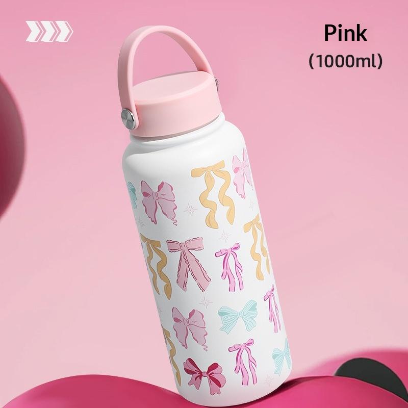 

1000Ml Vacuum Bottle Printed Design Flowers Pattern Vacuum Sports Bottle Portable Large Capacity Water Bottle Outdoor Activities