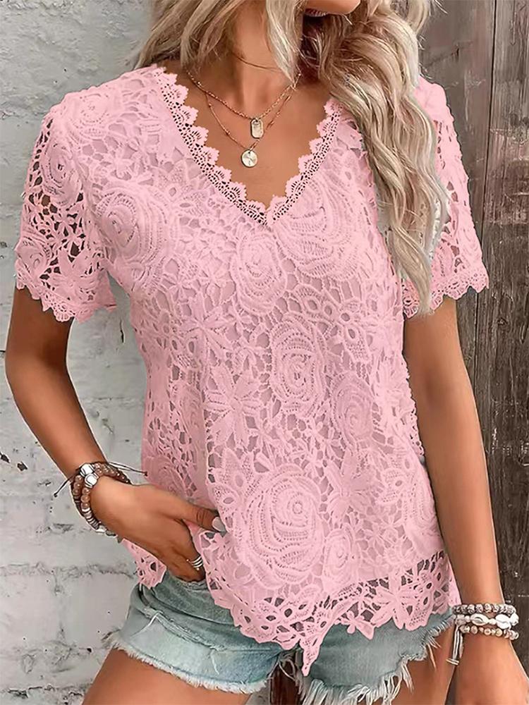 Elegante Top Para Mujer Verano Retro Encaje Patchwork Camiseta Manga Corta Sólido Cuello en V Suelto Jersey Top Moda Dama Ropa de Calle