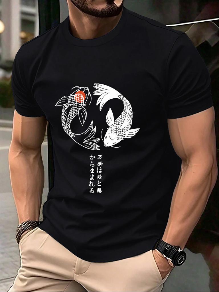 Japanese Koi Harajuku Printing Men TShirt Cotton Summer Short Sleeve Tops Soft Oversized ONeck T Shirt Casual Male Clothes