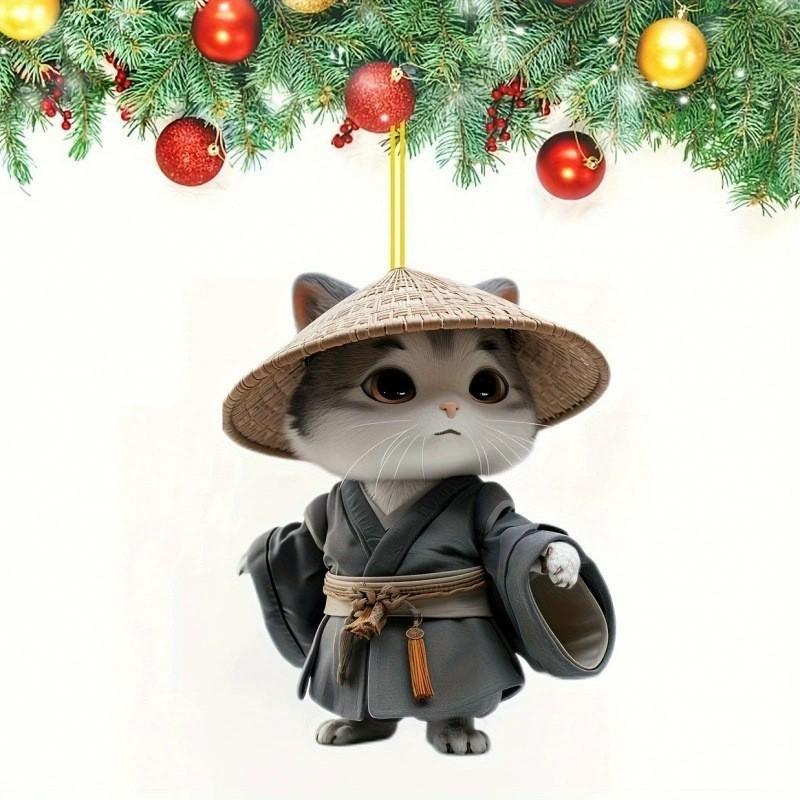 Cat Straw With Hat Acrylic Car Pendant For Christmas Party Decor Interior And