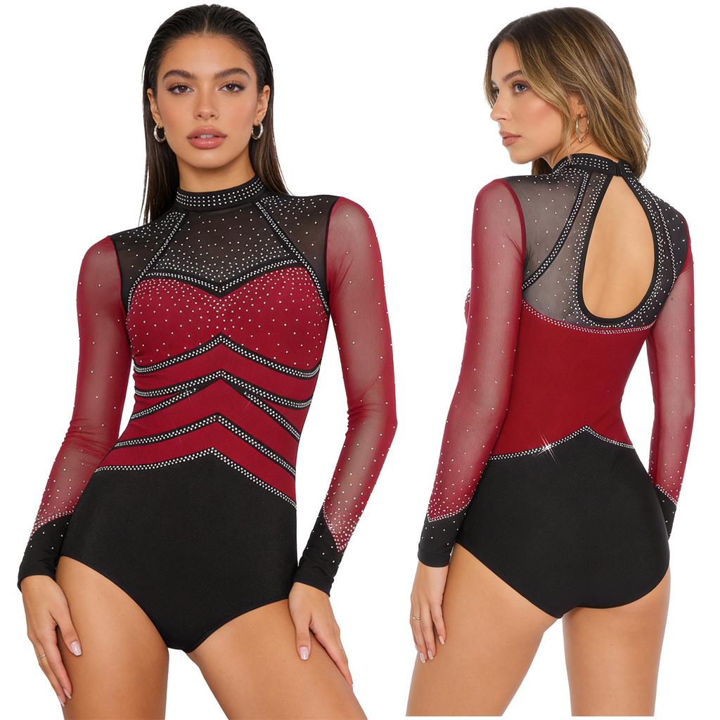 S-XXL Damen Performance Bodysuit: Rhinestone-Netz-Langarm mit Rückenausschnitt & Druckknöpfen im Schritt für Gymnastik, Eiskunstlauf