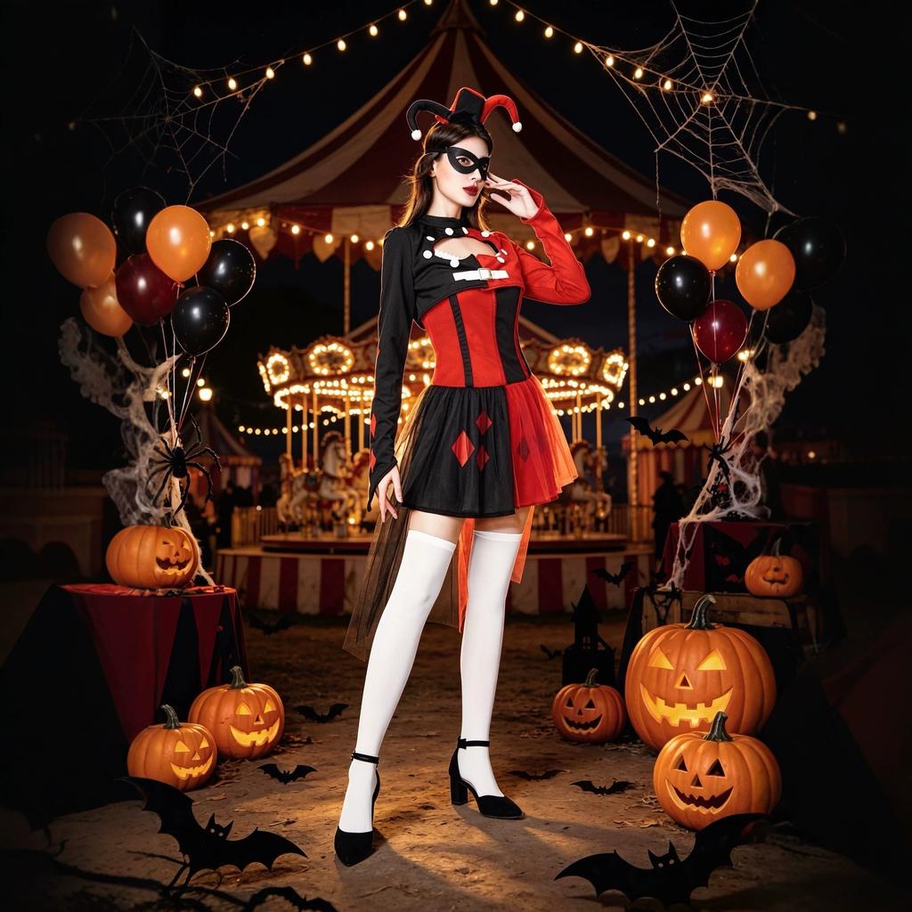 Harley Quinn Cosplay Costume, Adult Halloween Circus Clown Outfit, Polyester, M-XL