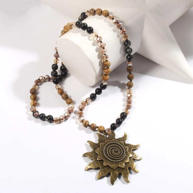 Vintage Bohemian Style Necklace Featuring 8mm Natural Stone and Glass Beads Unique Sun Pendant Neckchain for Women