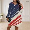 Women Plus Size V Neck Long Sleeve Printed Loose Fit Curved Hem Dress