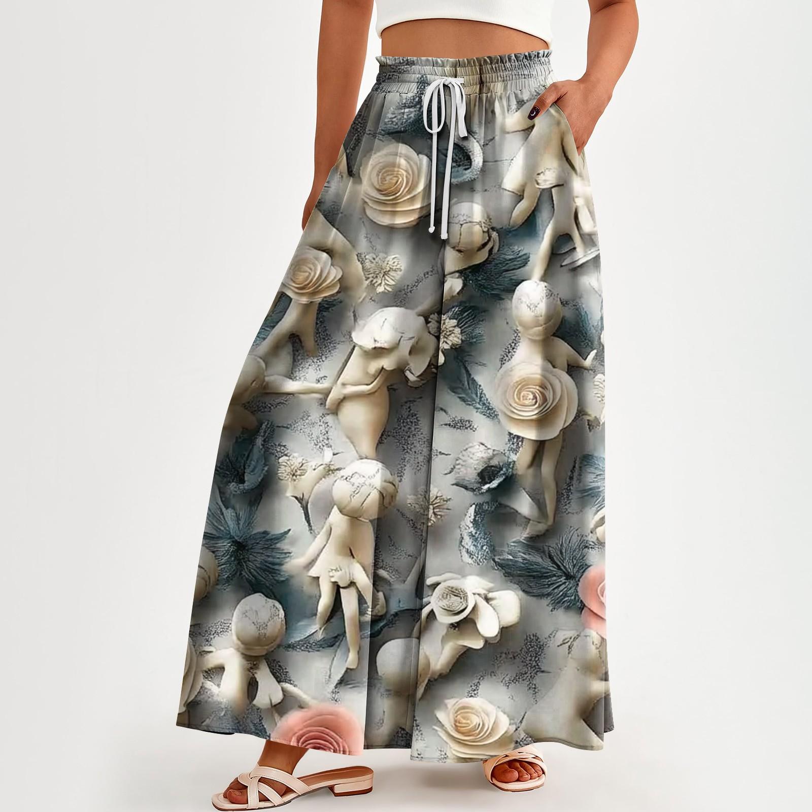 

Женские брюки с высокой талией и карманами, повседневные брюки с цветочным принтом XXL