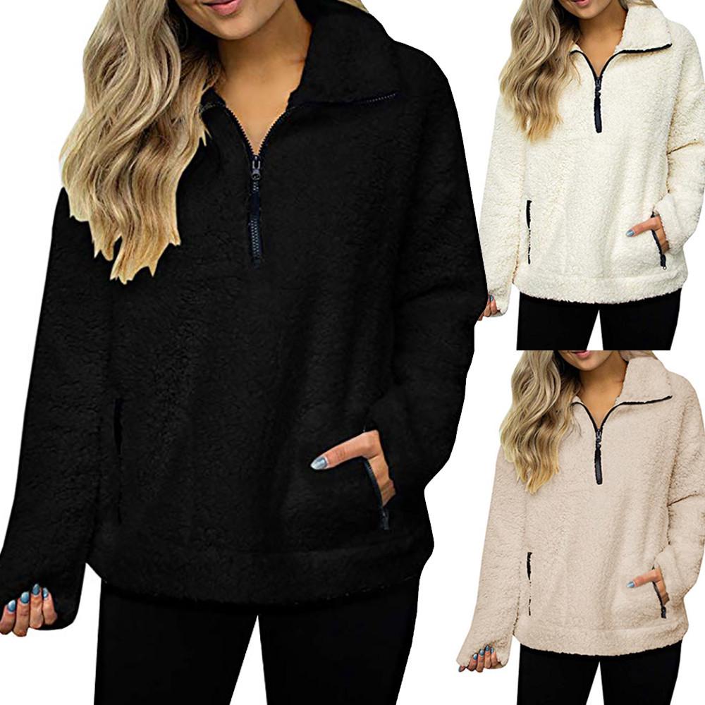 Buy Women Sweatshirt Coat Winter Warm Wool Zipper Pockets Cotton Outwear at affordable prices