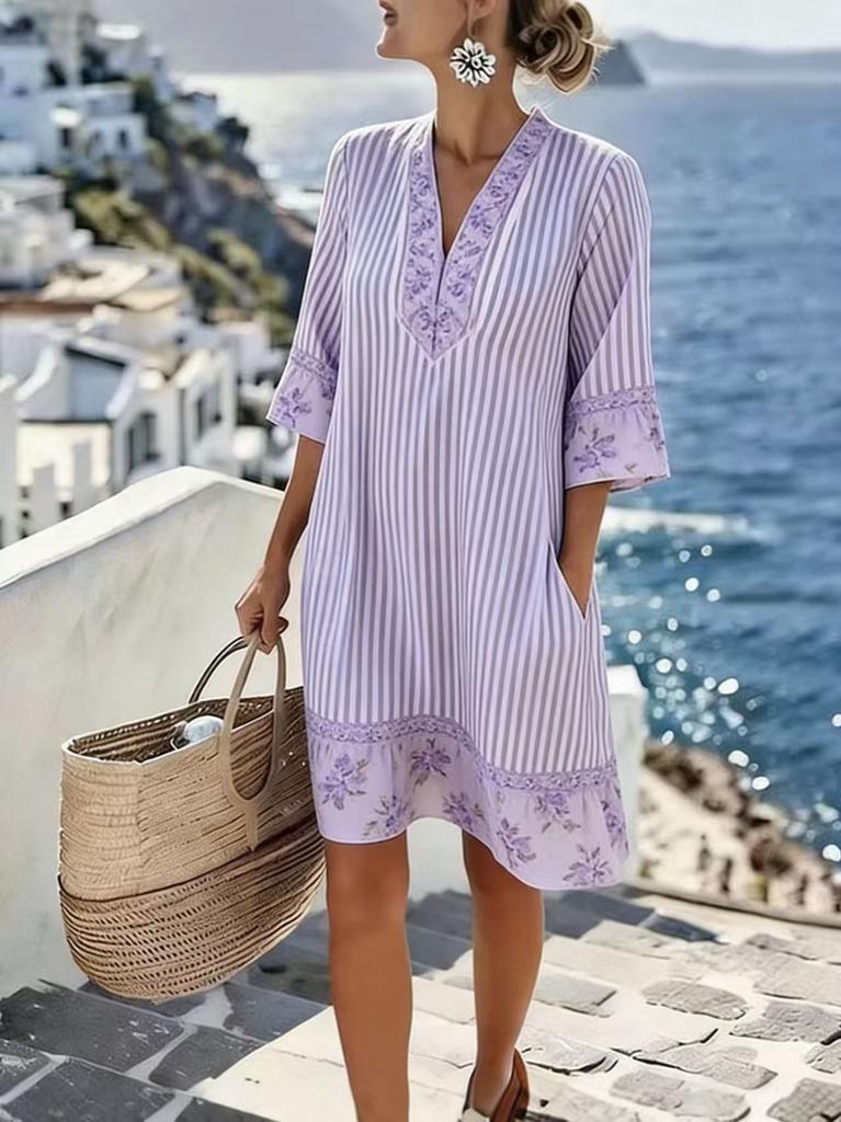 Summer new European and American style V-neck striped loose beach dress casual short sleeve sun protection seaside vacation