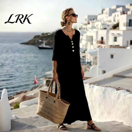 Comfortable Summer Dress Loose Maxi for Women, 3/4 Sleeve Button Up Everyday Wear V Neck Casual Long Dress, Flowy Beach Sundress Fit