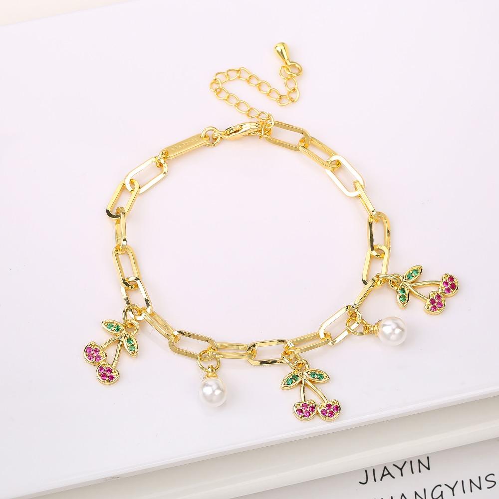 Fruit Cherry Charm Bracelet Gold Plated Metal Bracelet New Design Cherry Pearl Bracelet  Party