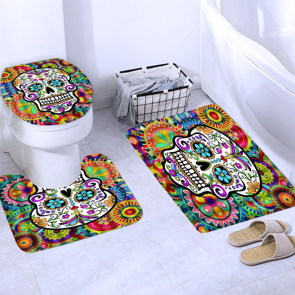 Black Skull Skeleton Printed Shower Curtain Set Horrible Halloween Festival Bathroom Decor Pedestal Rug Lid Carpet Toilet Cover