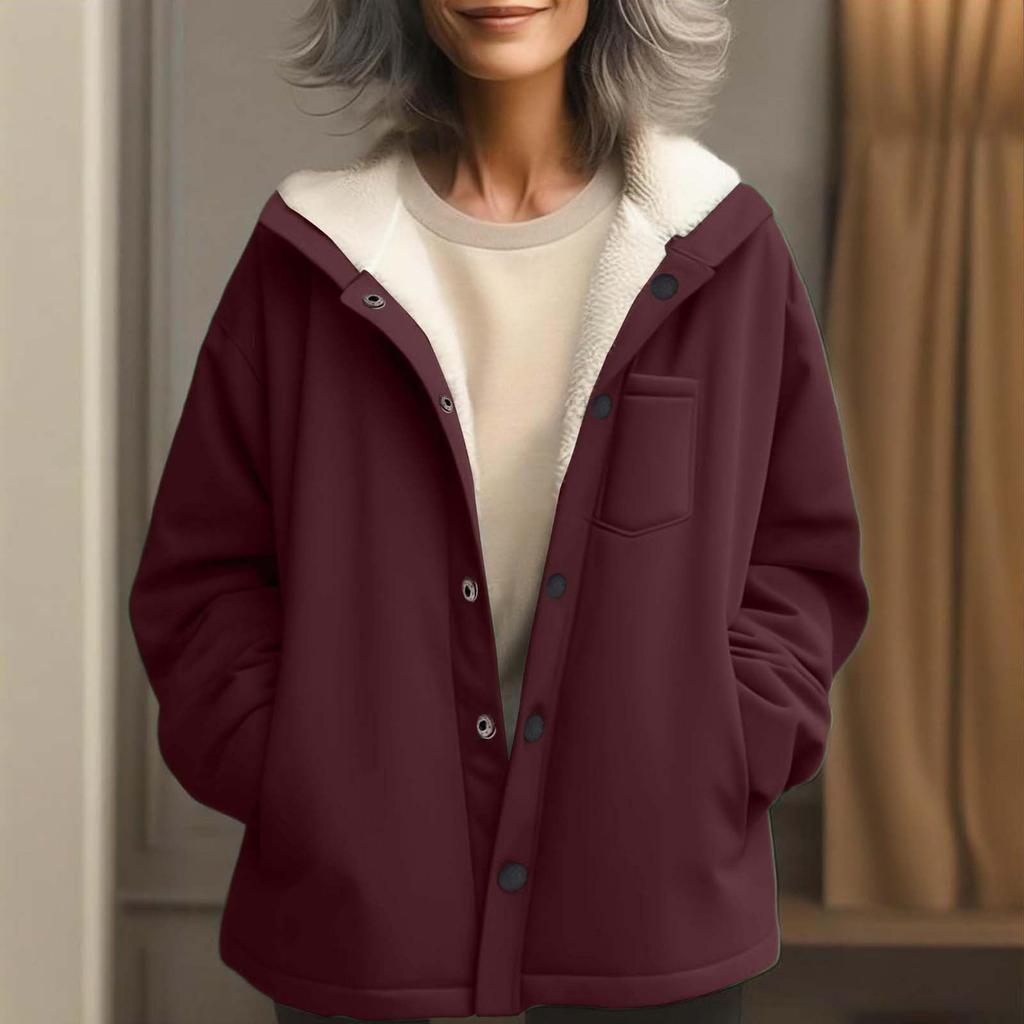 Women's Fashionable Solid Color Hooded Long Sleeved Button Pocket Warm Jacket Jacket