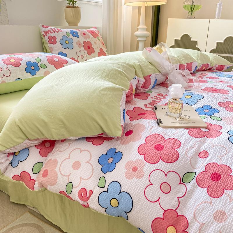 Set Lenzuola Seersucker a Quattro Pezzi Lenzuolo Copripiumino Federe