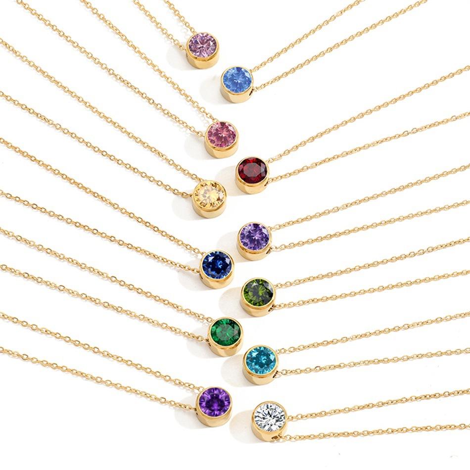 Shiny Colorful CZ Birthstone Necklace Round Stainless Steel Link Chain Necklace Boutique Birth Stone Zircon Necklace for Women