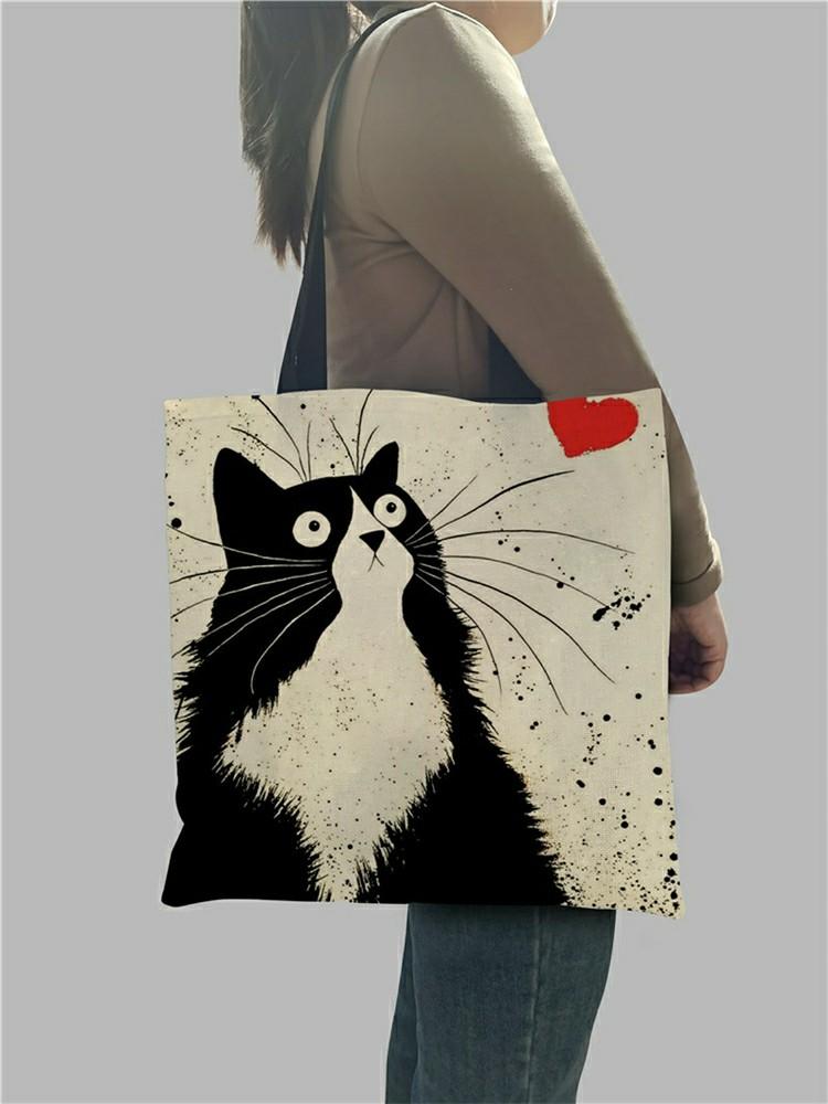 Tote Einkaufstasche süße Katze Druck Frauen Handtasche Leinen Totes mit Print Logo Casual Reisen Strand Taschen