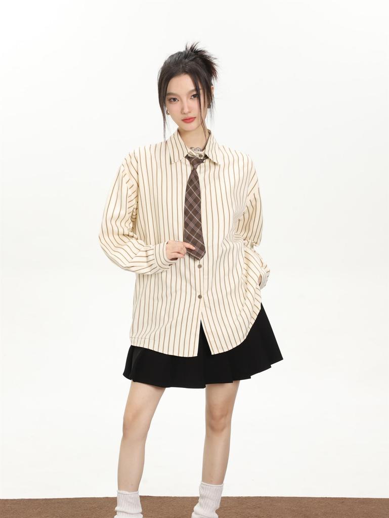 Women's Vintage Preppy Striped Button Down Shirt Long Sleeve Loose Casual Blouse With Matching Tie Japanese College Style Top For Fall Daily Outfits
