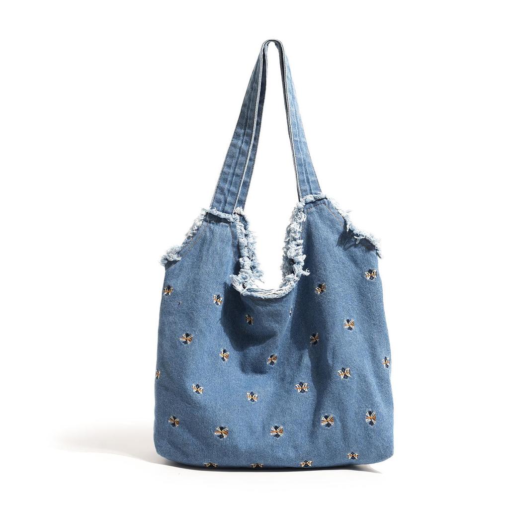 Personalized Floral Embroidery Denim Tote Bag - Fashionable, Large-Capacity Shoulder Bag for Women