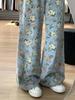 2025 Spring Floral Distressed High-Waisted Wide-Leg Jeans for Women - Slimming, Loose, Casual, Floor-Length Pants
