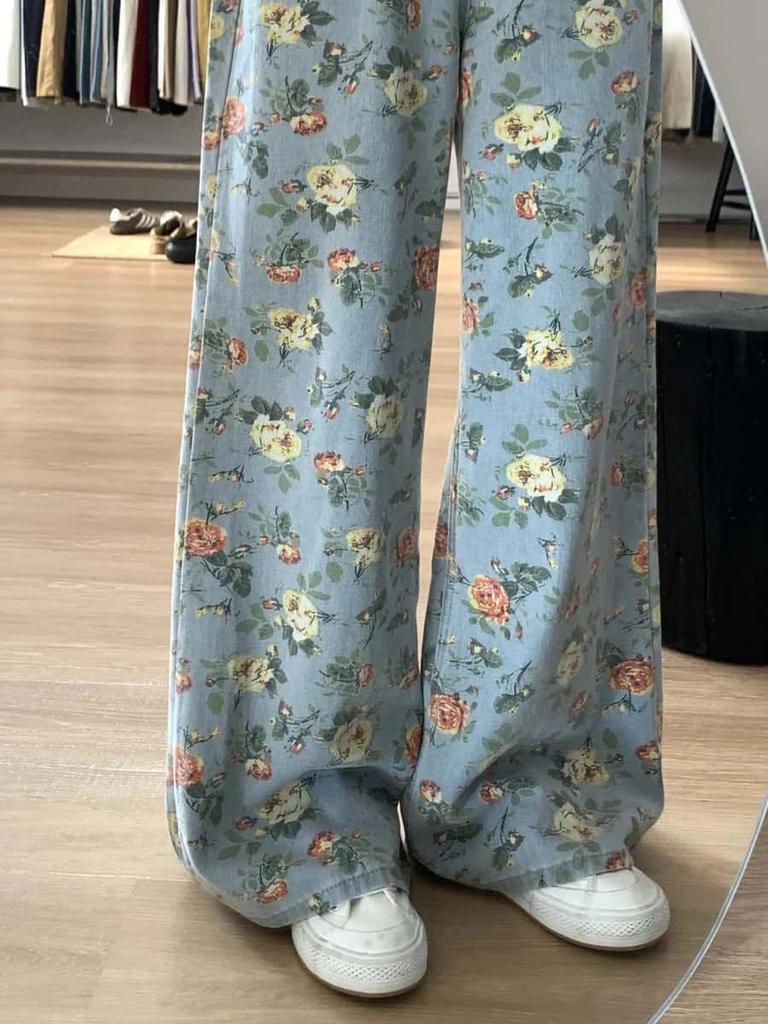 2025 Spring Floral Distressed High-Waisted Wide-Leg Jeans for Women - Slimming, Loose, Casual, Floor-Length Pants