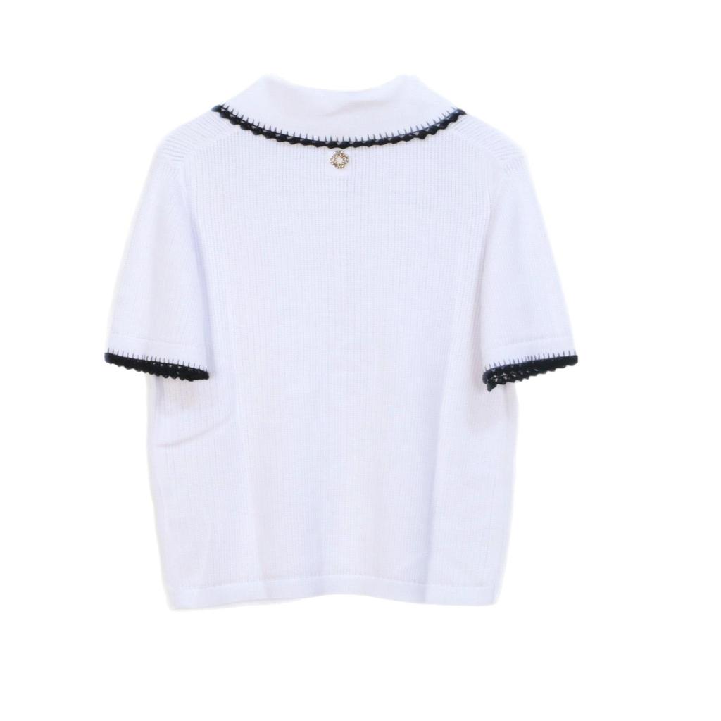 Women's M Family French Color Block Short-Sleeve Crochet Collar Polo Knit Top - Spring/Summer 2025