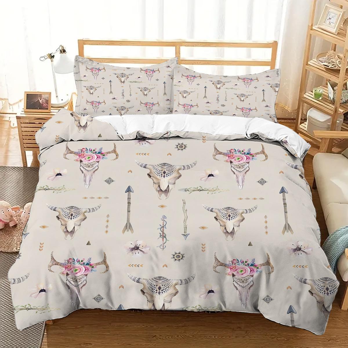 

Bull Head Bone Flower Pattern 3D Printed Duvet Cover Exotic Style Bedding Set Soft Comfortable Polyester Quilt Cover Pillowcase 135x200cm 2pcs