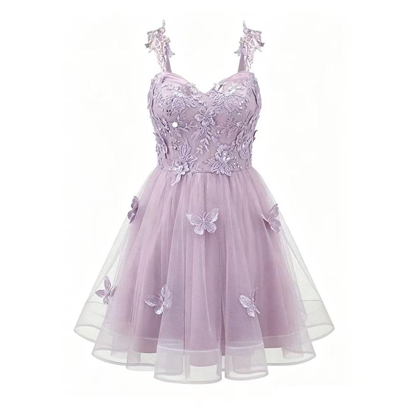Butterfly Flower Lace Strap Short Dress, Peach Heart V-neck Mesh Women's Evening Dress, Birthday Party, Cocktail Party, Elegant Women's Dress