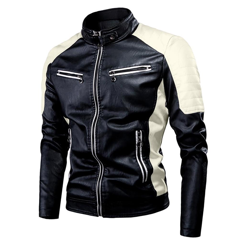 Men's Spring And  Casual Long Sleeve Solid Stand Zipper Leather Jacket Top