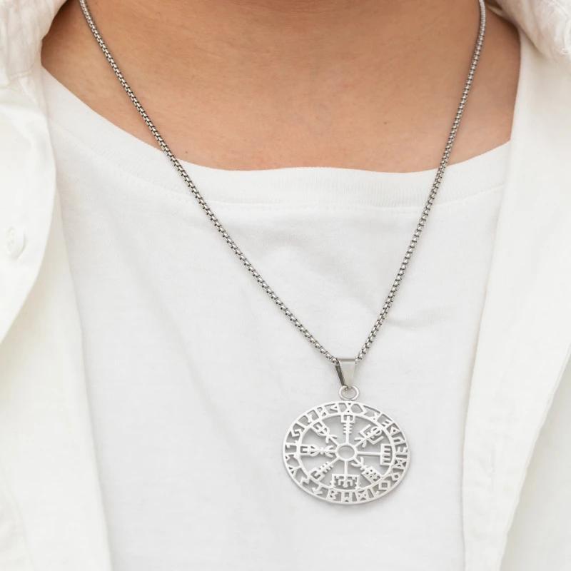 Exquisite Stainless Steel Rune Compass Pendant Necklace Men\'s Nordic Amulet Jewelry Gift