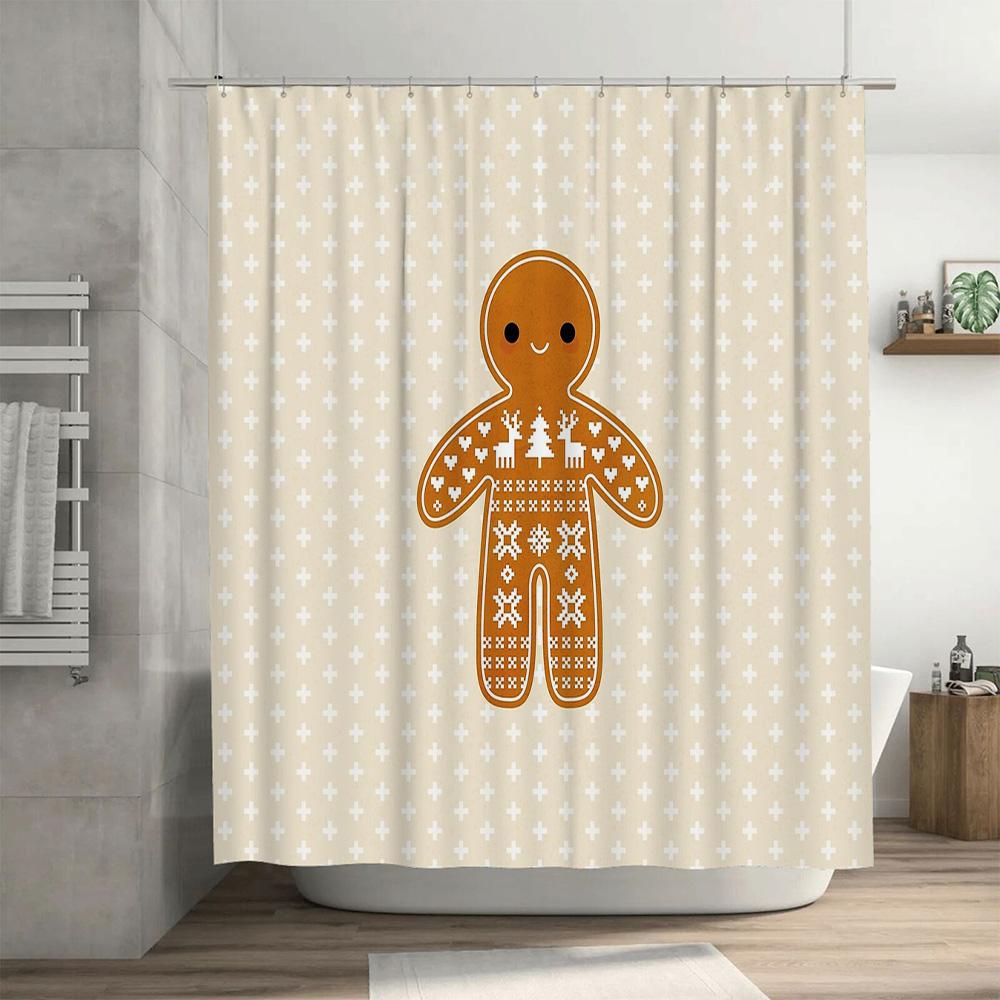 Unframed Christmas Gingerbread Man Shower Curtain Festive Holiday Bathroom Decor Waterproof Fabric Backdrop Xmas Party Supplies