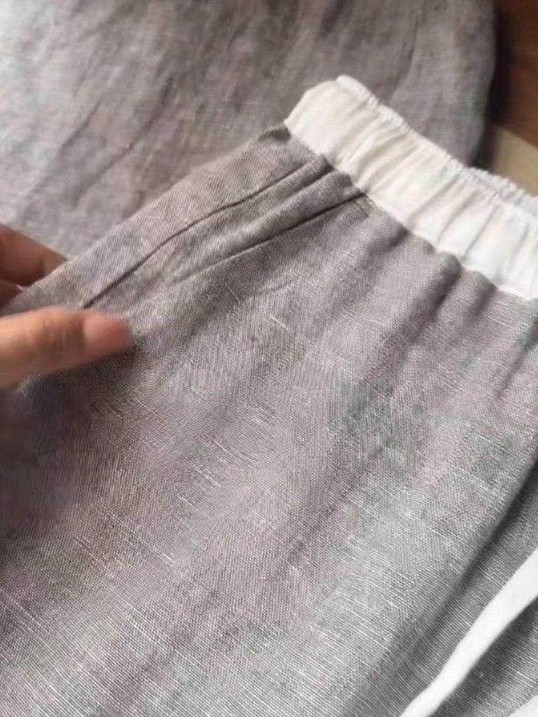 CHAO-Level Grey Patchwork Linen Wide-Leg Pants with Elastic Waistband and Drawstring
