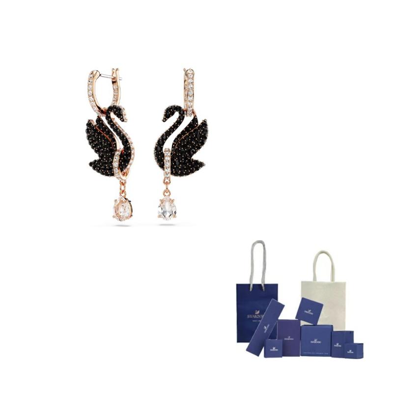 Swarovski Swan Drop Earrings Swan/Black/Rose Gold-tone Plated F-Branded gift bag