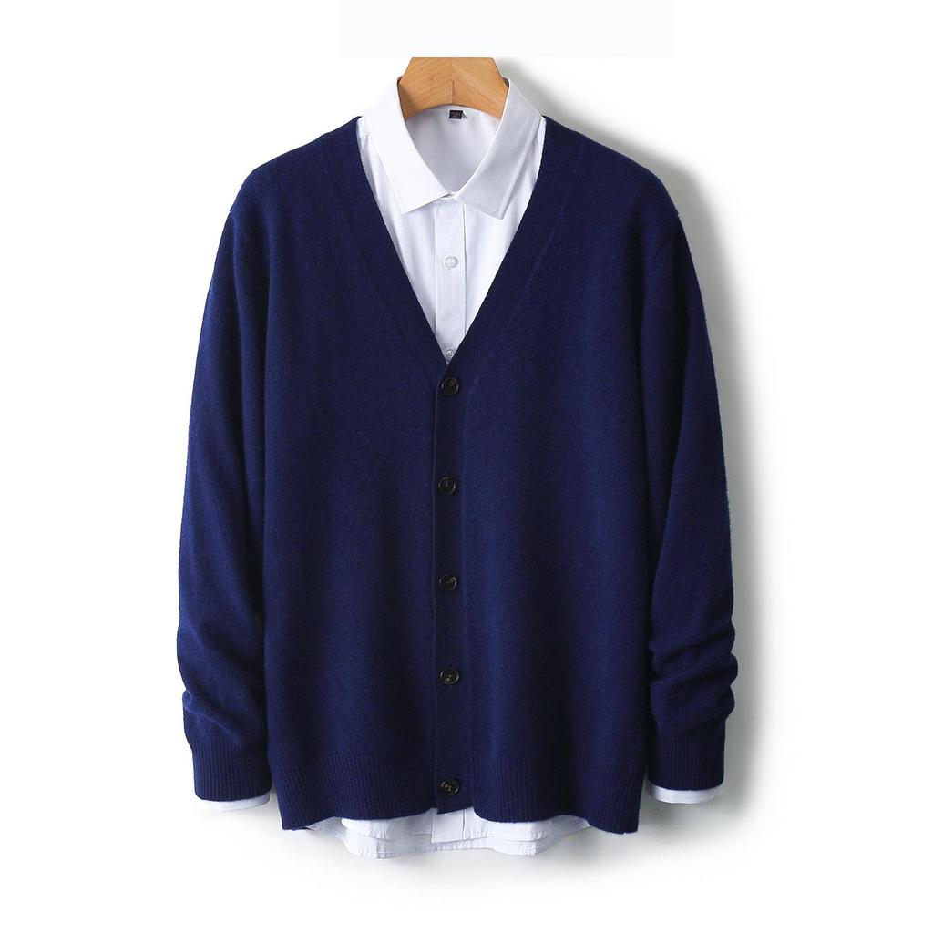 Men's V-neck Wool Cardigan: Autumn/Winter Business Casual Solid Color Long Sleeve, Warm Loose Knit Outerwear.