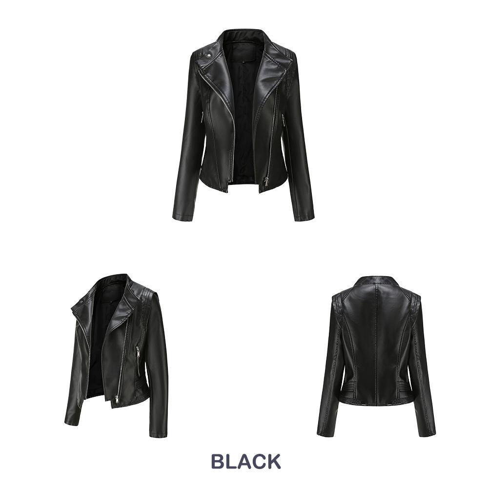 Women Lapel Collar Spring Autumn Solid Color Long Sleeve PU Leather Jacket S-3XL