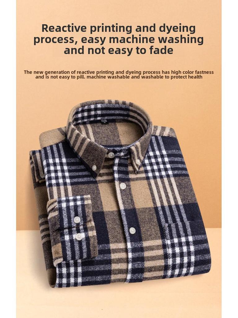 Men's Cotton Plaid Long-Sleeve Shirt - Fashionable, Casual, Versatile with Pockets