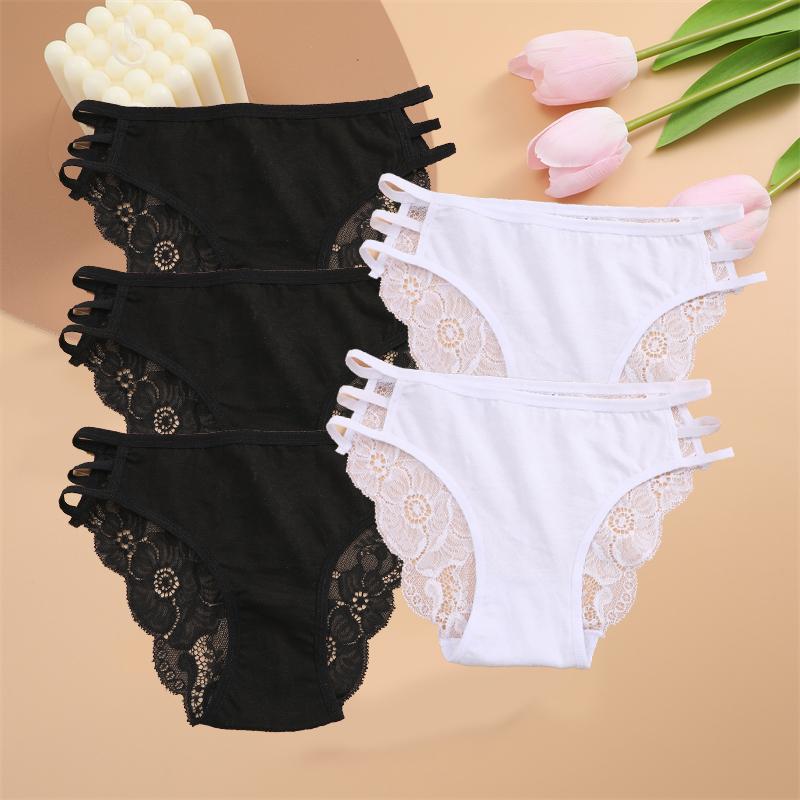5PCS Women Lace Floral Underpants Sexy Triple Belts Panties Female Low-Waist Perspective Briefs Soft Lingerie Underwear