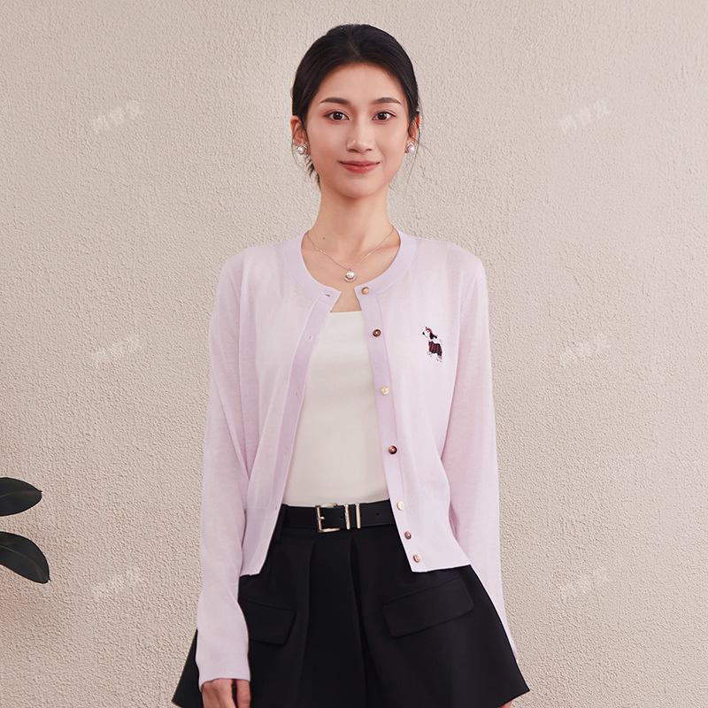 

Early Spring Puppy Embroidery Knitted Women s Round Neck Long Sleeve Short Cardigan L світло-фіолетового кольору