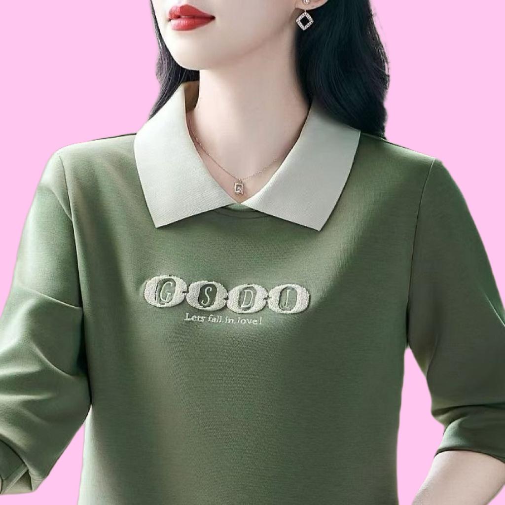 New Lapel Long Sleeve Embroidered POLO Collar Middle-aged Mother Fashionable Casual Age-reducing Versatile Base Top Autumn