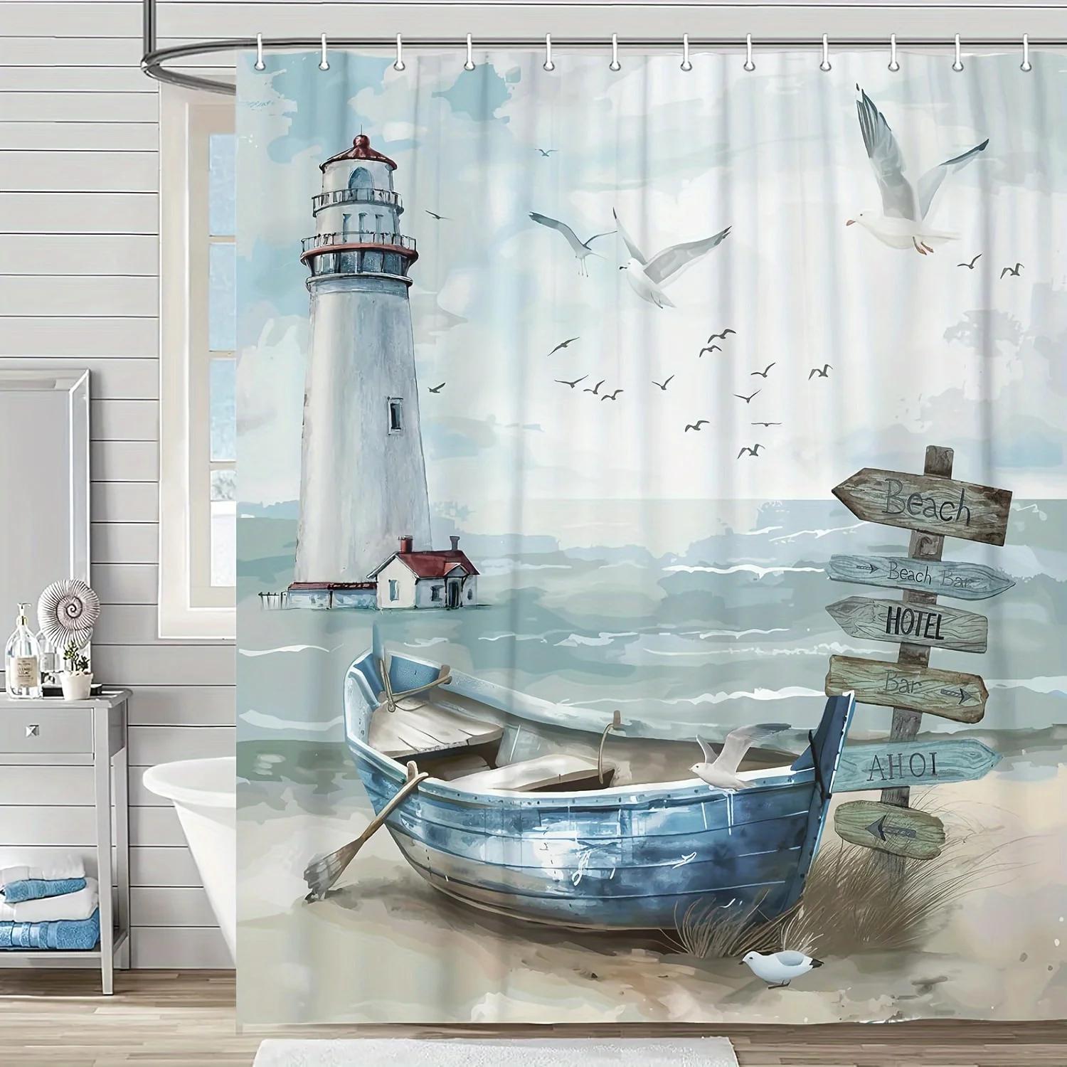 Textile Article Blue Nautical Coastal Shower Curtain, Ocean Lighthouse & Sailboat Design, Teal Decor With Hooks, Bathroom & Window Use