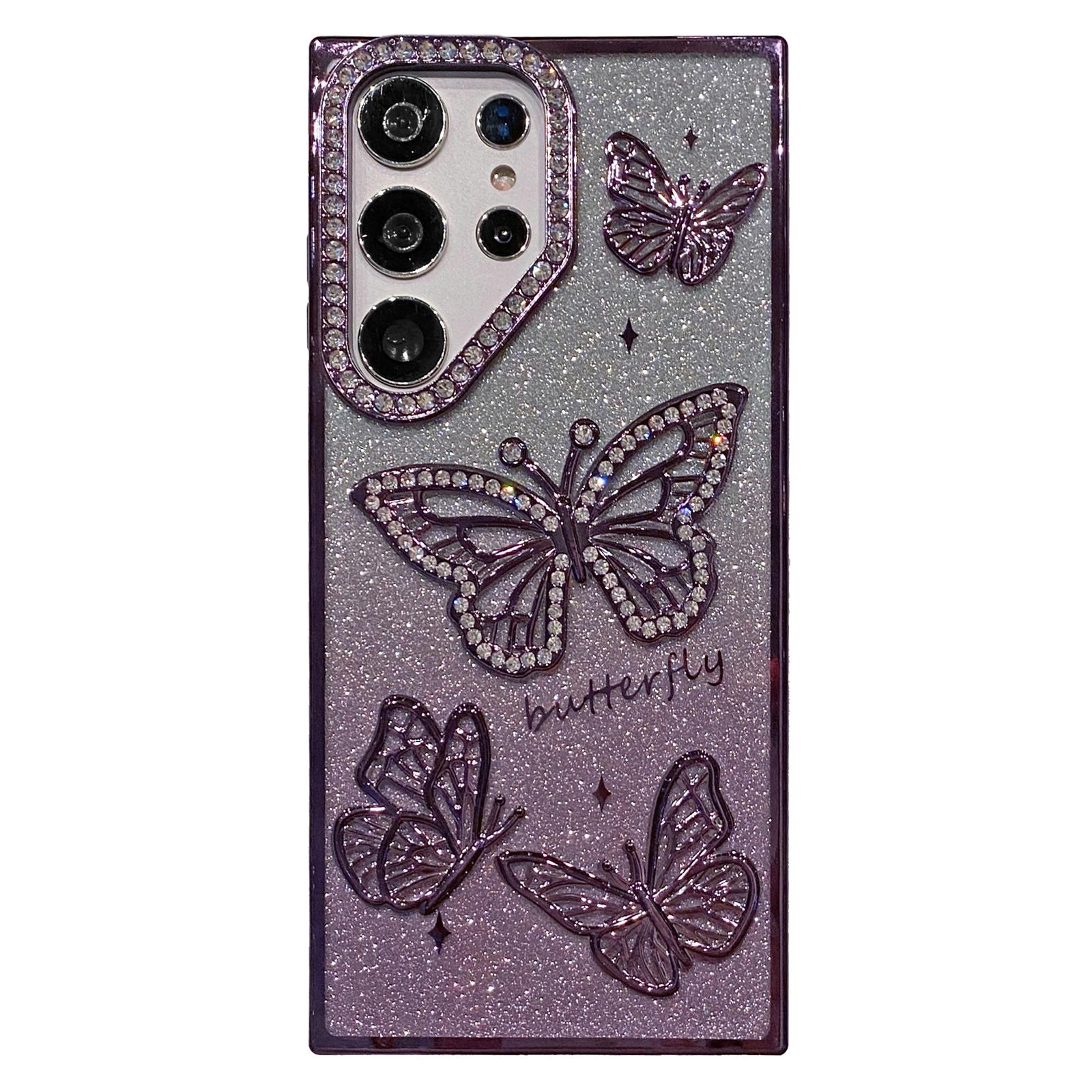 For Samsung Galaxy S26 Ultra Case Rhinestones Decor 3D Butterfly TPU Phone Cover with Glitter Paper