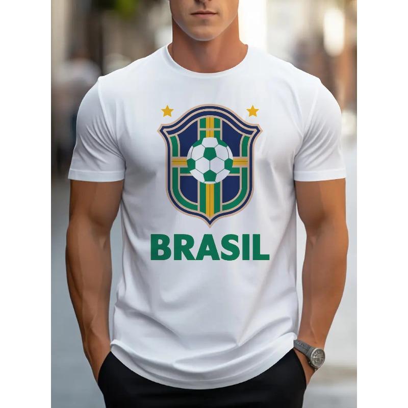European sizes Black T Shirt Brazil Football Crest And Soccer Ball Print for Men Casual Wear Sports Fan Apparel