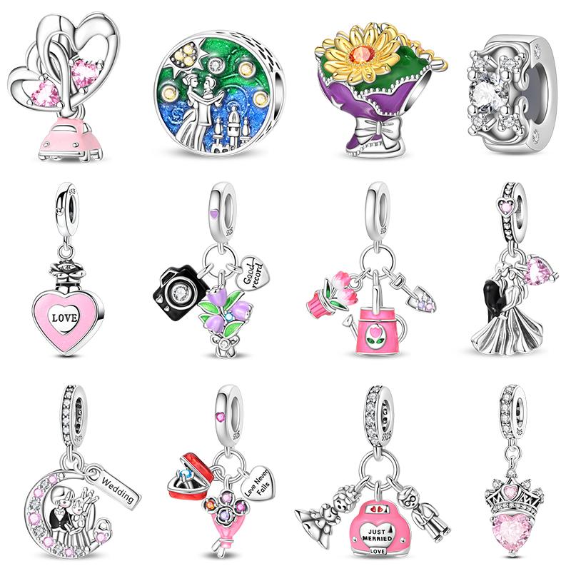 New Copper Charms Beads Pendant Pink Bouquet Love Wedding Proposal Charm For Women Bracelet Engagement Jewelry Gift